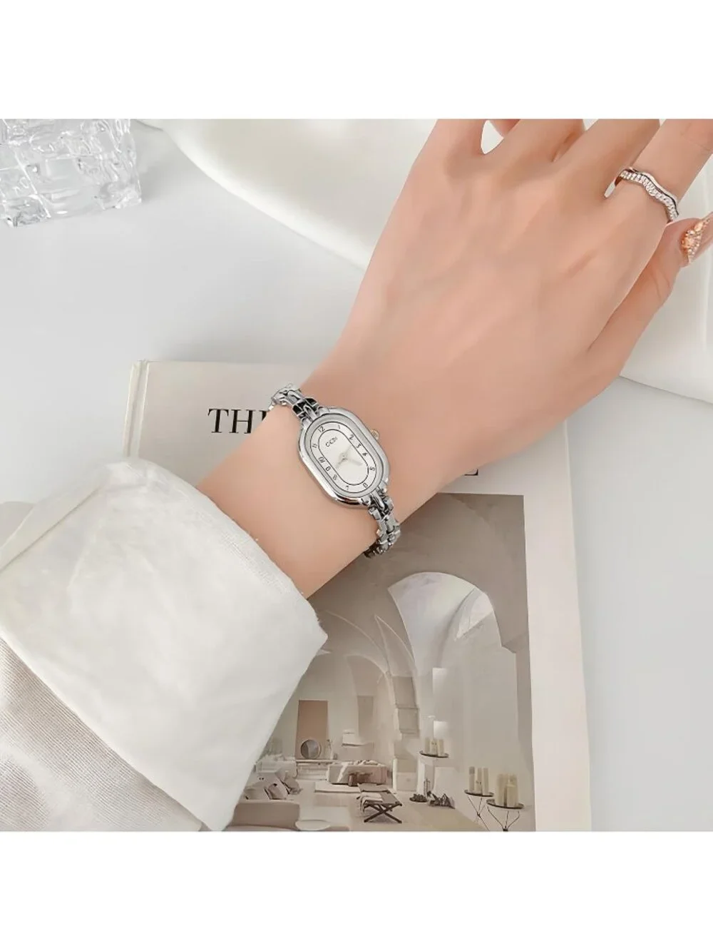 Women's Silver White Oval Vintage Bracelet Small Quartz Bangle Analog Watch